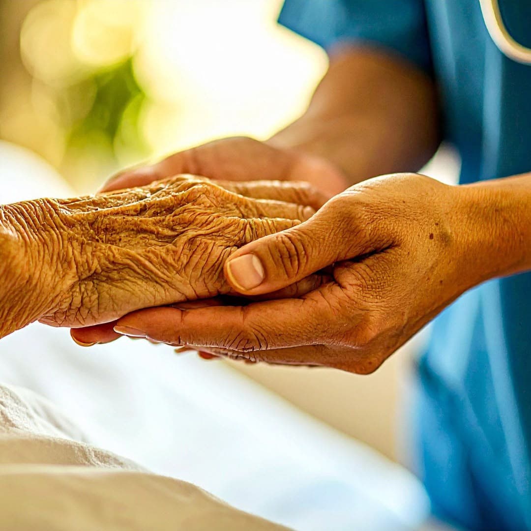 A care worker holding an older person's hand in both of theirs.