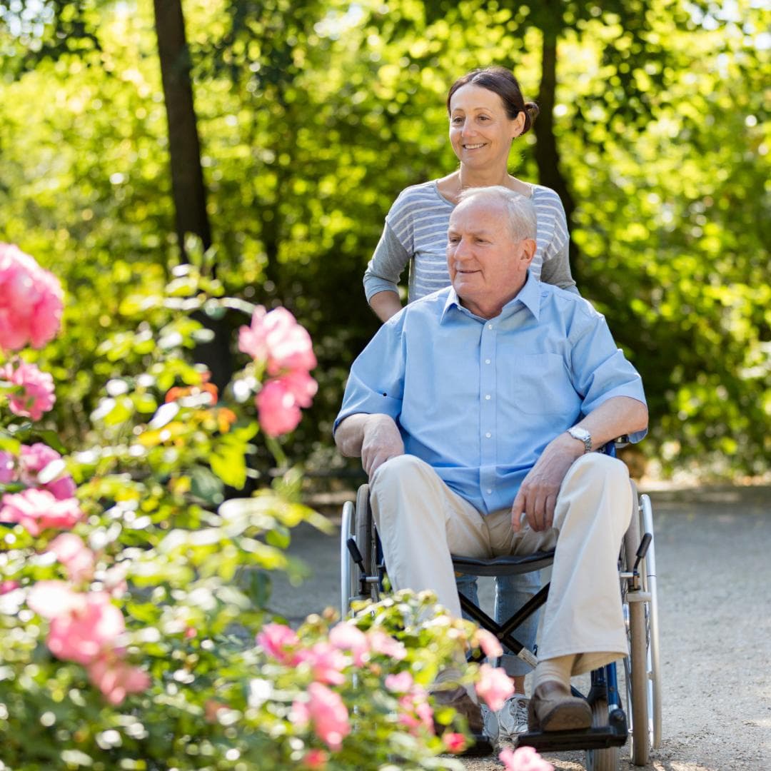 A caregiver walking an older man in a wheelchair along a path through a rose garden.
